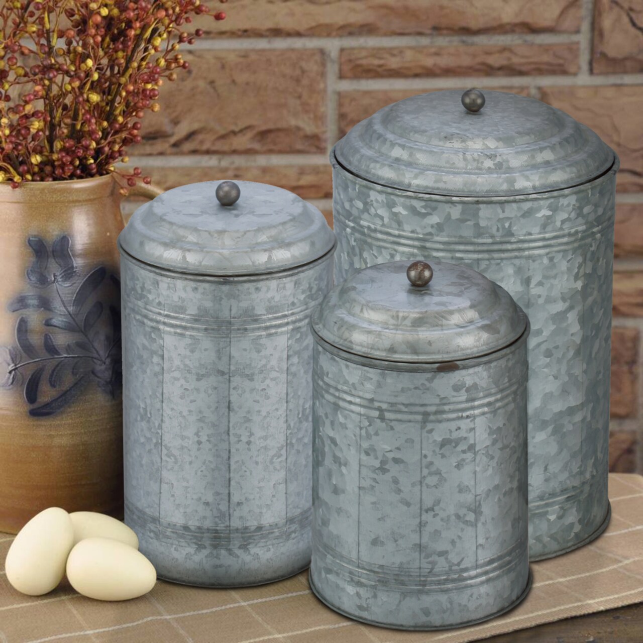 Saltoro Sherpi Rustic Metal Galvanized Canisters, Set of 3 Benzara-